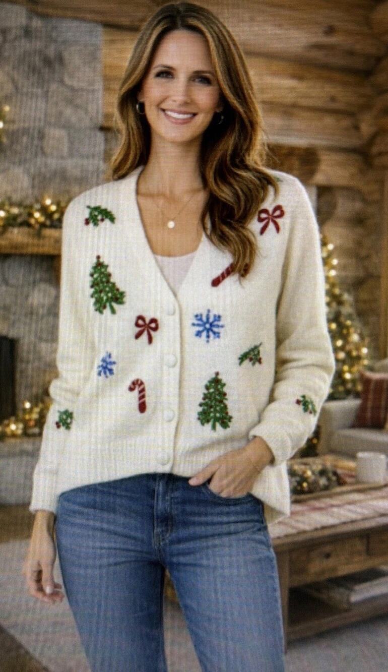 Cupcakes & Cashmere Womens XS Cardigan Sweater christmas bows holiday
